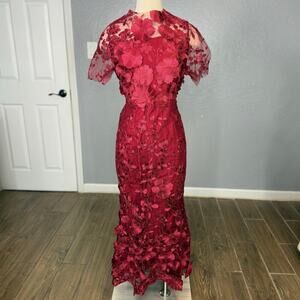 Dalia Macphee Burgundy Floral Lace 3D Embroidered Maxi Dress, L